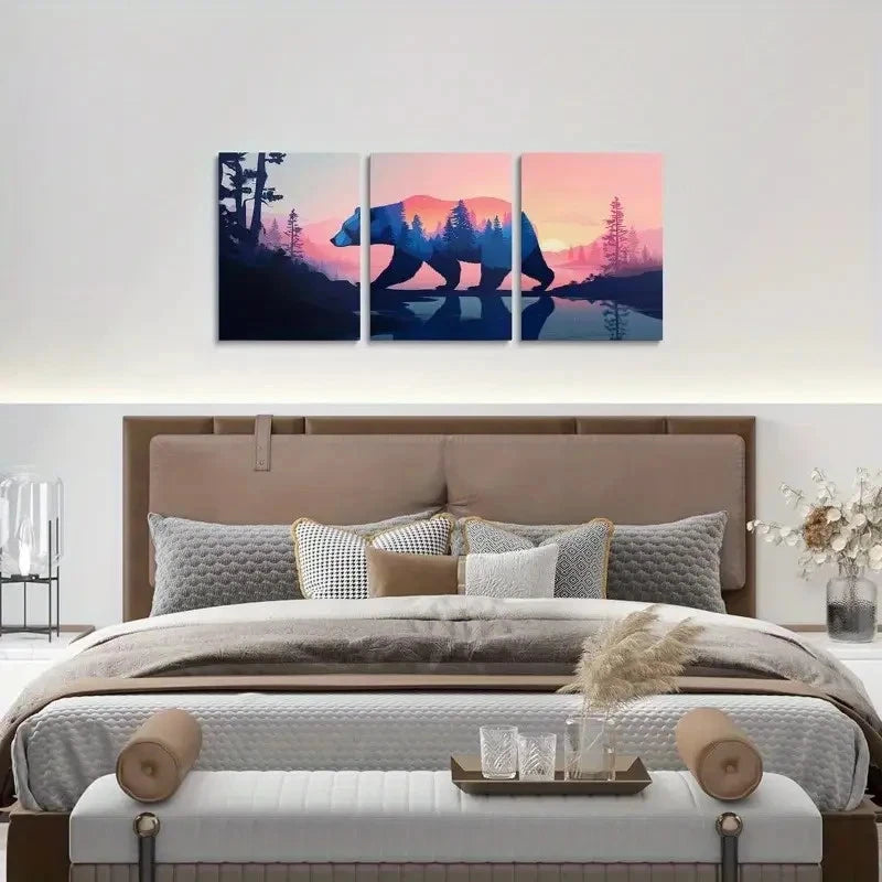 3pcs Sunset Forest Scene with Polar Bear Metal Print Ready to Hang Art