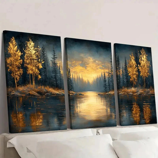 3pcs Original Golden Leaf Forest LF Wall Art Set Canvas Framed 60x90cm - High Quality Print 100% Australian Made Wall Canvas Ready to Hang