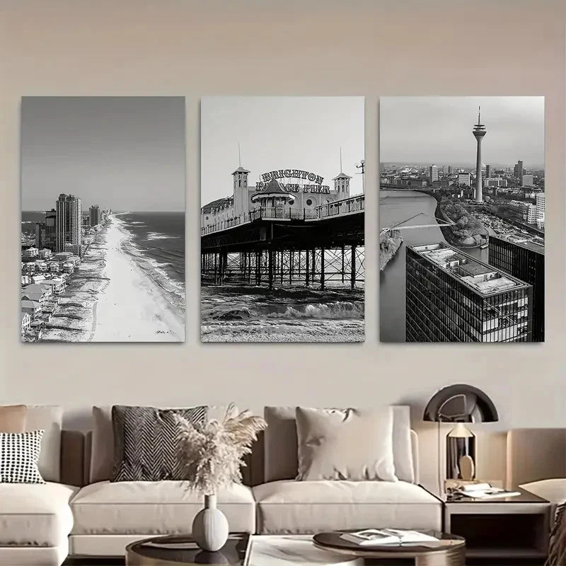 3pcs Black and White Coastal Cityscape Metal Print Ready to Hang Art - Bella Home Decor