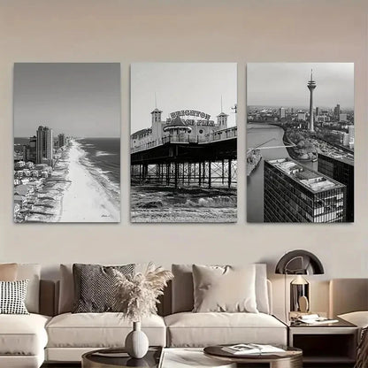 3pcs Black and White Coastal Cityscape Metal Print Ready to Hang Art - Bella Home Decor