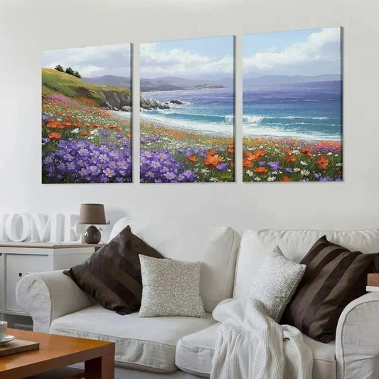 3pcs Vibrant Daisy & Ocean Landscape Wall Art Set Canvas Framed 40x60cm - High Quality Print 100% Australian Made Wall Canvas Ready to Hang