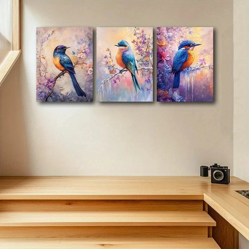 3pcs Colorful Birds Purple Flowers Botanical Metal Print Ready to Hang Art - Bella Home Decor