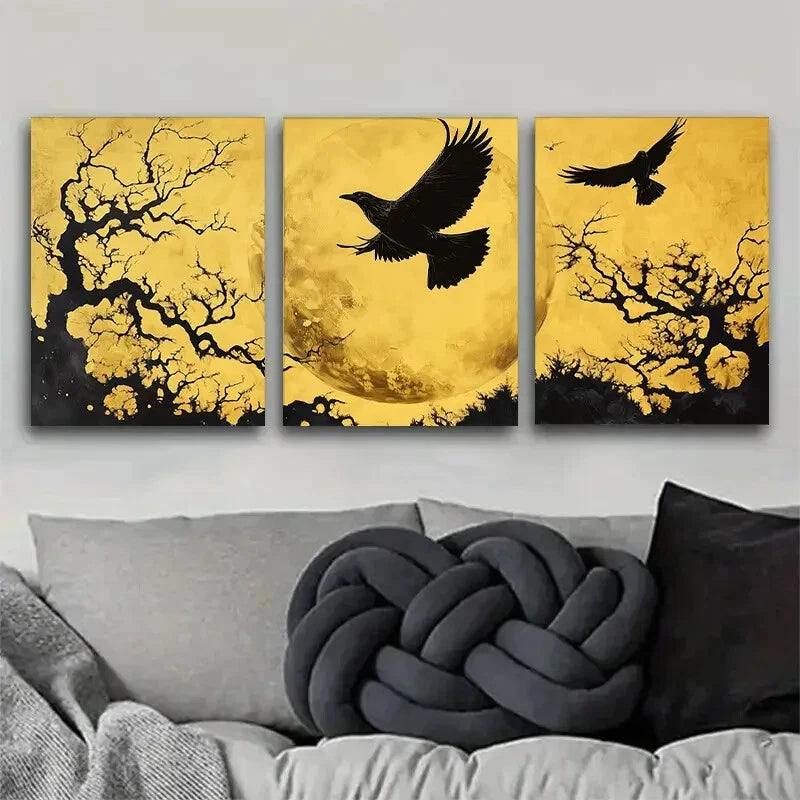 3pcs Moonlit Raven Flying Crows Golden Perfect Wall Art Set Canvas Framed 40x60cm - High Quality Print 100% Australian Made Wall Canvas Ready to Hang - Bella Home Decor