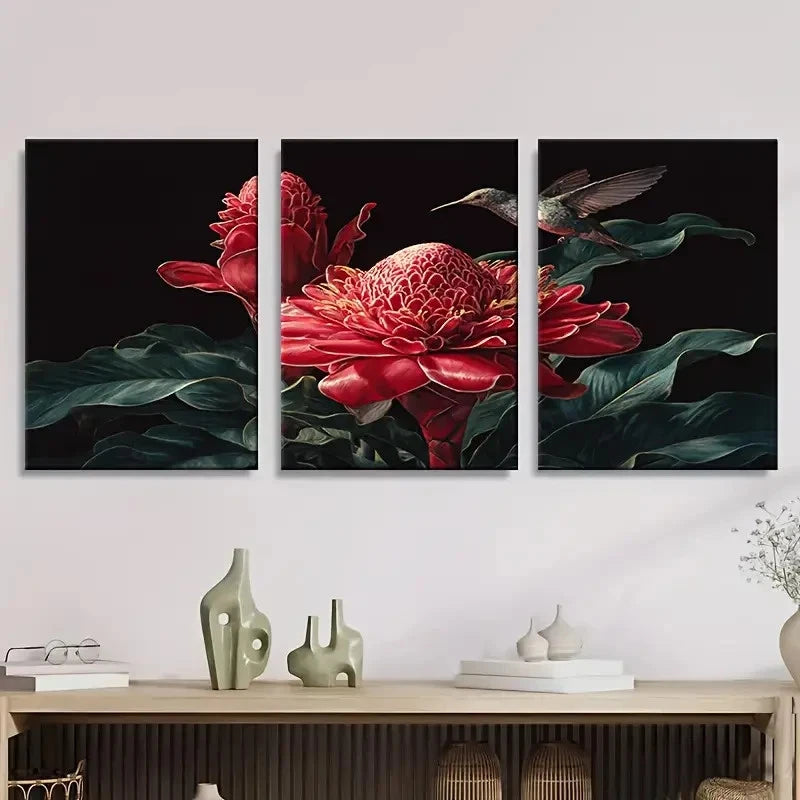 3pcs tropical torch ginger & bird Wall Art Set Canvas Framed 50x70cm - High Quality Print 100% Australian Made Wall Canvas Ready to Hang