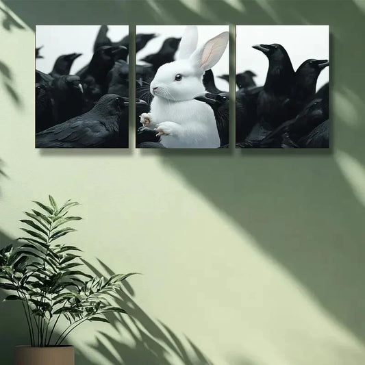 3pcs White rabbit, crow Animal Art Painting Metal Print Ready to Hang Art