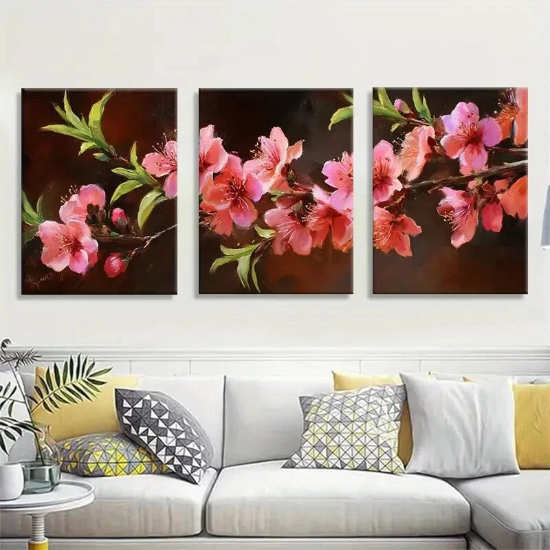 3pcs Peach Blossom Botanical Wall Art Set Metal Print Ready to Hang Art