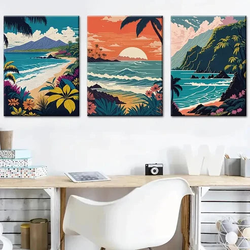 3pcs Ocean Waves Island Seaside Views Wall Art Set Canvas Unframed - High Quality Print 100% Australian Made Wall Canvas