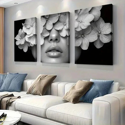 3pcs Black & White Woman with Flowers Design Art Set Canvas Unframed - High Quality Print 100% Australian Made Wall Canvas - Bella Home Decor
