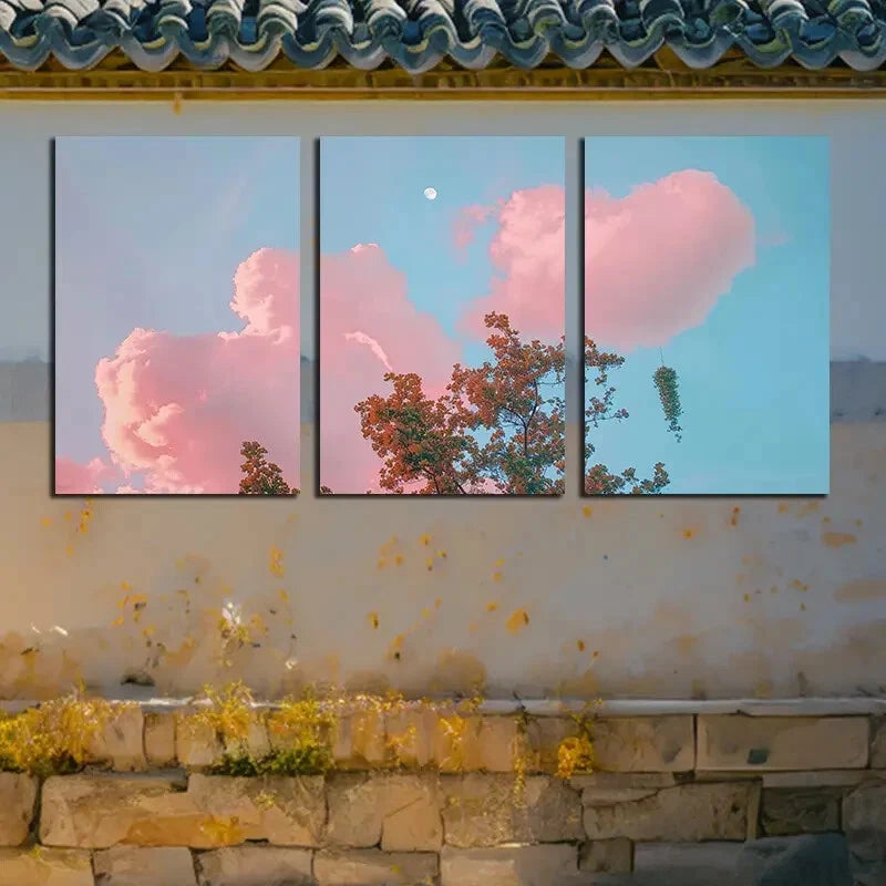 3pcs Vibrant Pink Cloudy View with Tree Scene Metal Print Ready to Hang Art