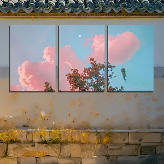 3pcs Vibrant Pink Cloudy View with Tree Scene Metal Print Ready to Hang Art