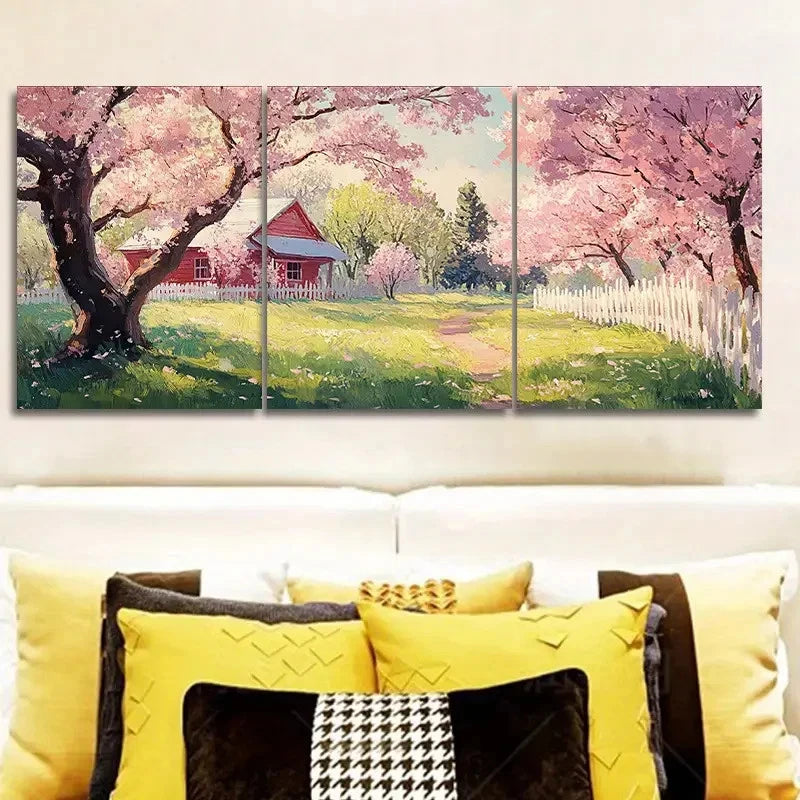 3pcs Featuring a Pink Cherry Blossom Tree Painting Metal Print Ready to Hang Art - Bella Home Decor