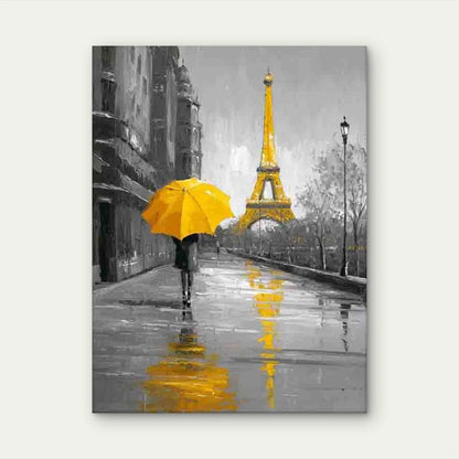 Vibrant Yellow Umbrella & Rainy Scene Metal Print Ready to Hang