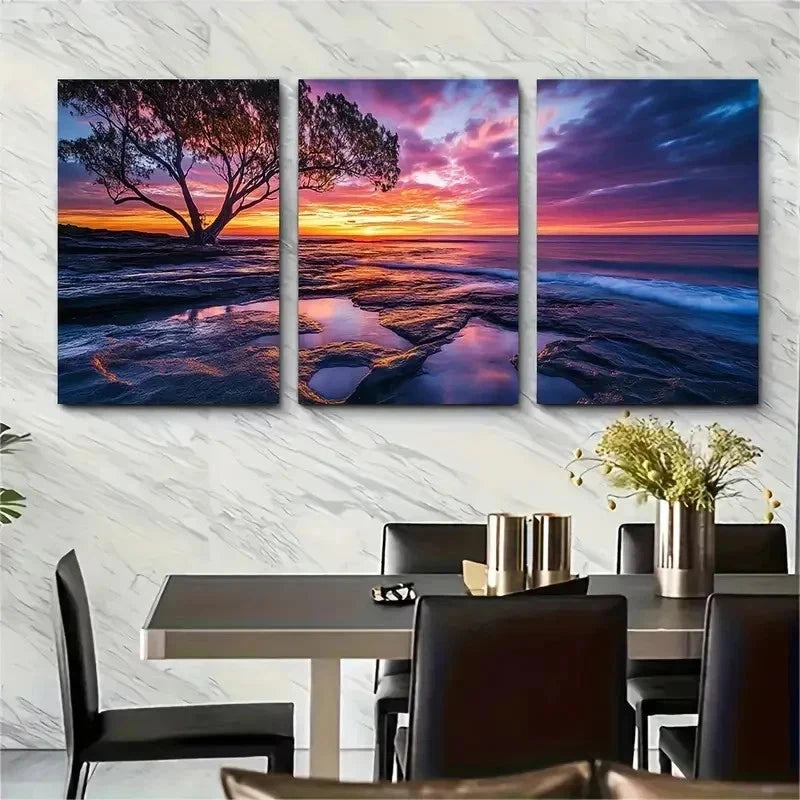 3pcs Sunset Beach Perfect Vibrant Ocean Sunrise Wall Art Set Canvas Framed 50x70cm - High Quality Print 100% Australian Made Wall Canvas Ready to Hang