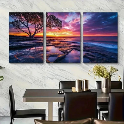 3pcs Sunset Beach Perfect Vibrant Ocean Sunrise Wall Art Set Canvas Framed 50x70cm - High Quality Print 100% Australian Made Wall Canvas Ready to Hang