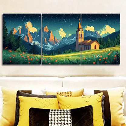 3pcs Depicting A Church Nestled Among Mountains Wall Art Canvas Unframed - High Quality Print 100% Australian Made Wall Canvas - Bella Home Decor