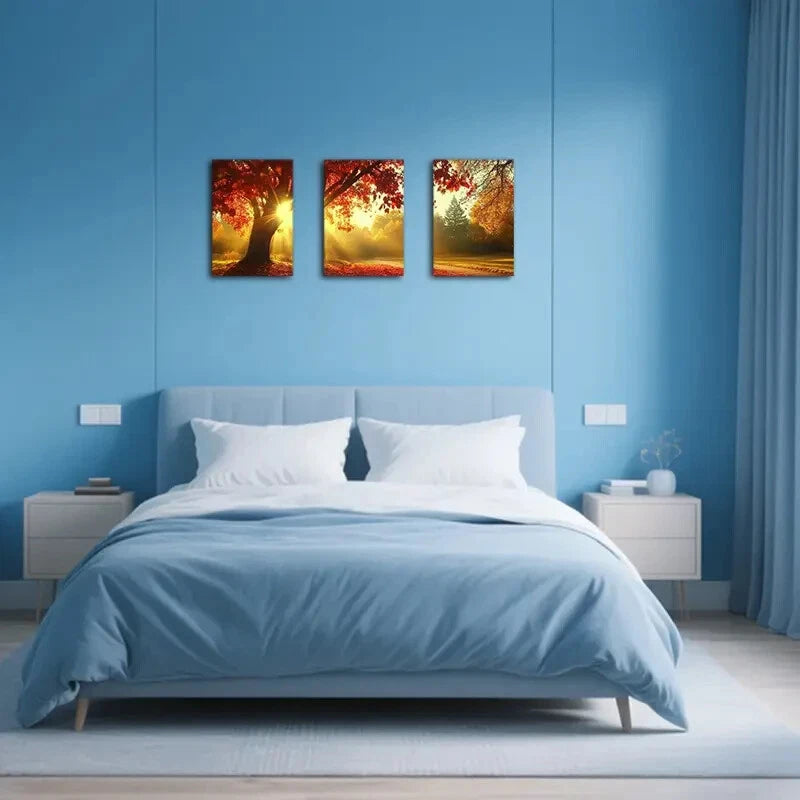 3pcs Autumn Vibrant Red & Orange Tree Scenery Metal Print Ready to Hang Art
