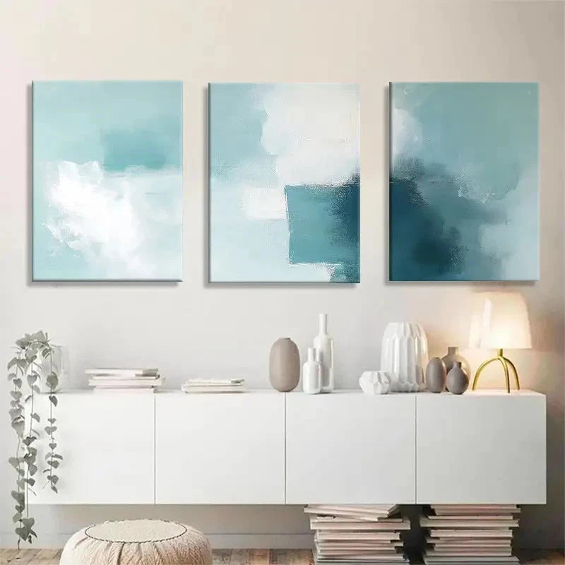 3pcs Abstract Blue-Green Block Wall Art Painting Metal Print Ready to Hang Art - Bella Home Decor