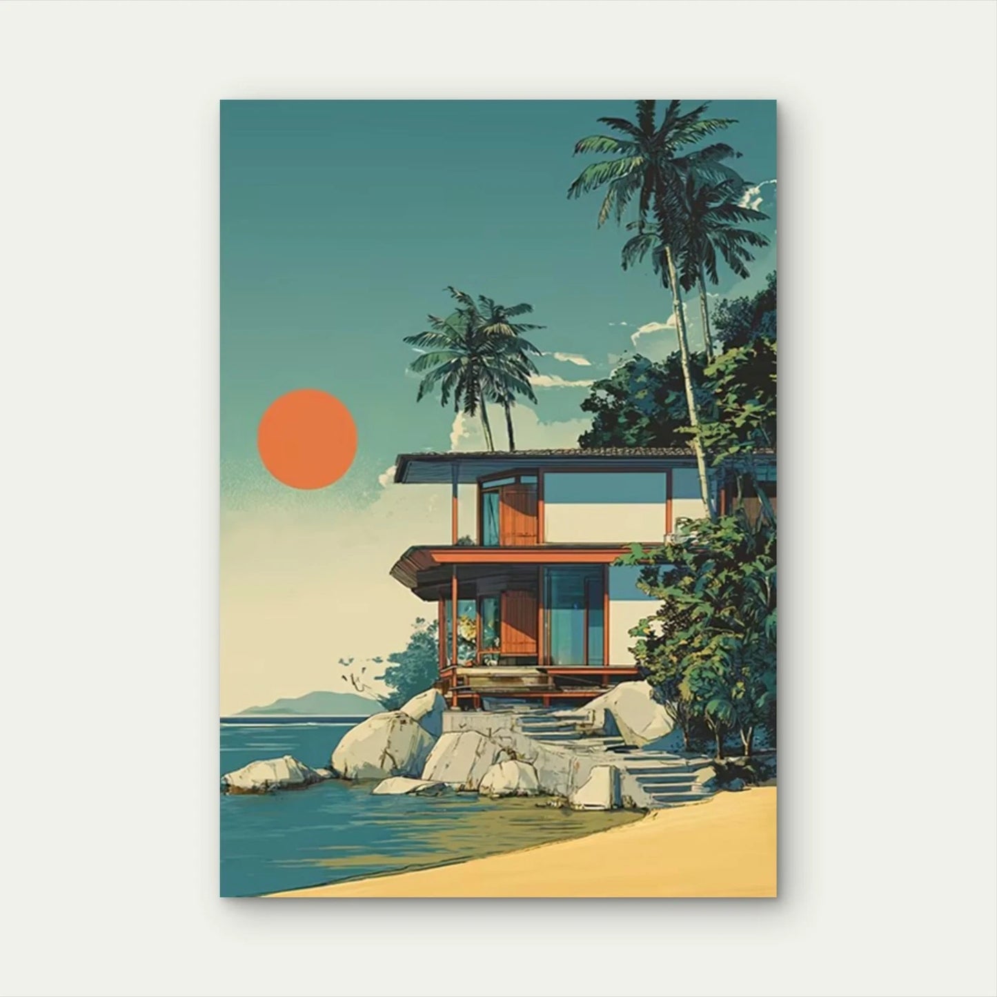 Tropical House, Palm Trees & Ocean View Metal Print Ready to Hang