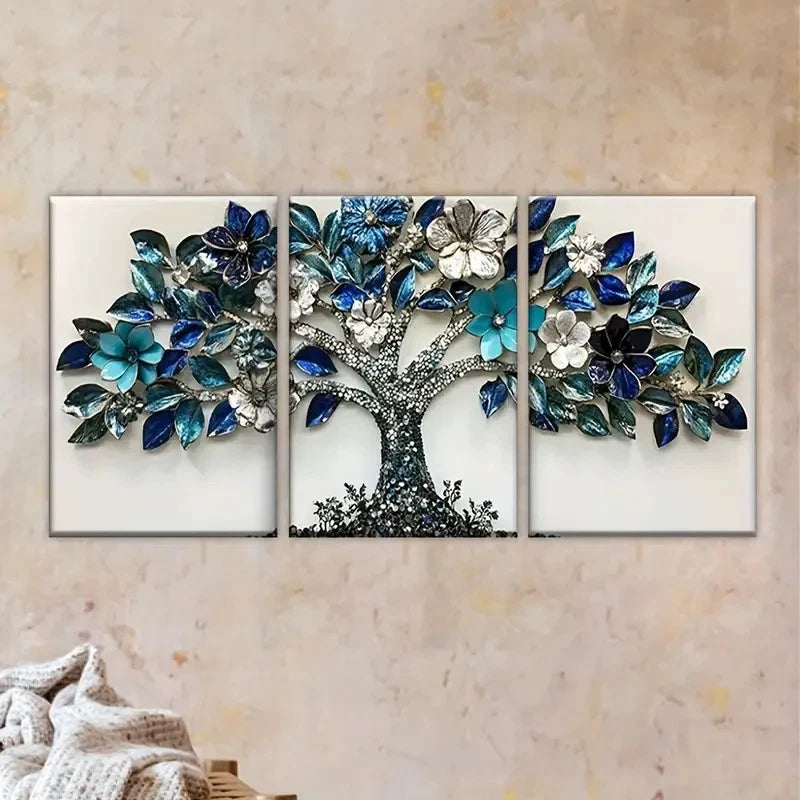 3pcs Blue Tree with Silvery Leaves and Crystals Wall Art Set Canvas Framed 50x70cm - High Quality Print 100% Australian Made Wall Canvas Ready to Hang - Bella Home Decor