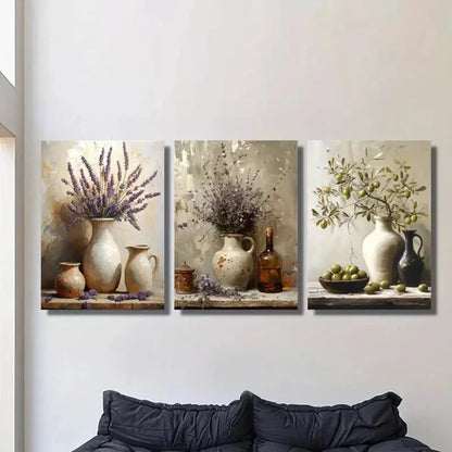 3pcs Rustic Lavender Pottery Jar Wall Art Canvas Unframed - High Quality Print 100% Australian Made Wall Canvas