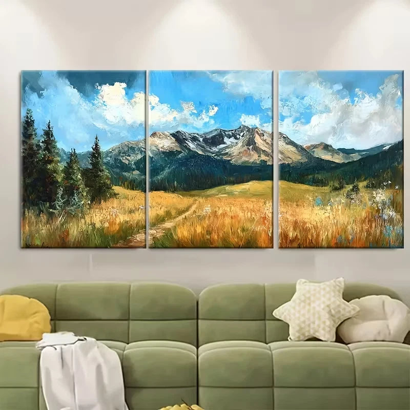 3pcs Meadows Painting Mountain Metal Print Ready to Hang Art