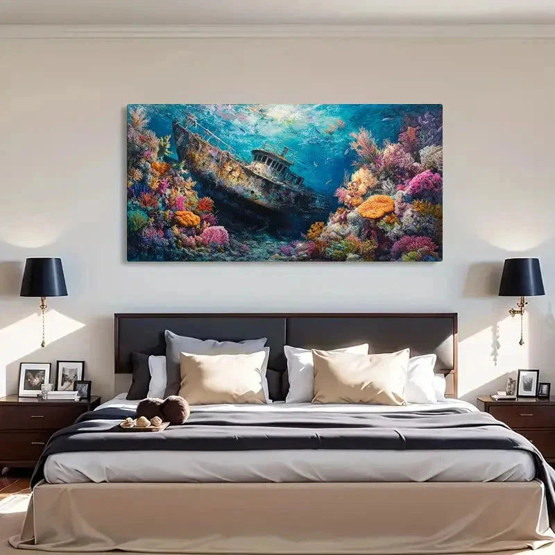 Sunken Ship & Coral Reef Ocean Wall Art Canvas Office Home Room Framed 120x60cm