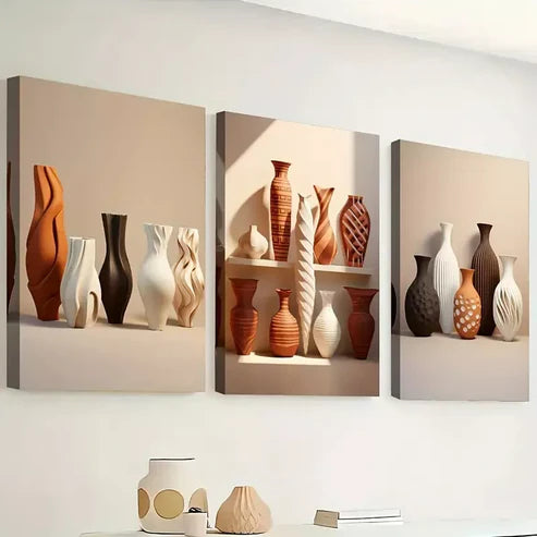 3pcs Featuring Solid Patterned Ceramic Bottle Wall Art Set Canvas Unframed - High Quality Print 100% Australian Made Wall Canvas