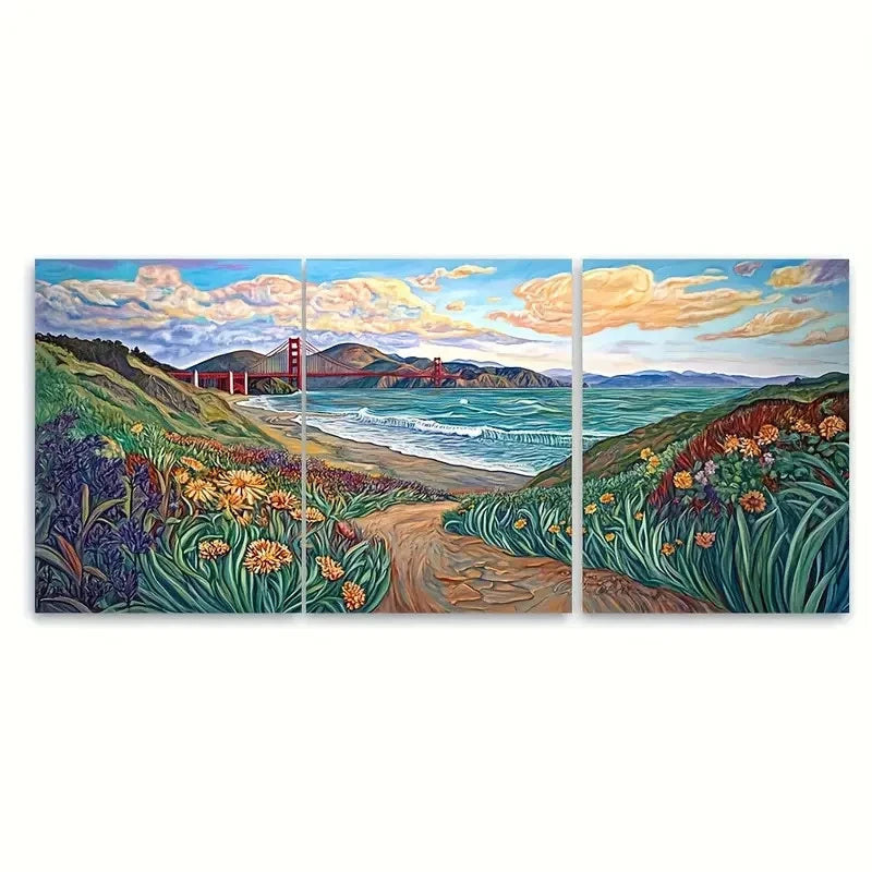 3pcs Baker Beach Golden Gate Bridge Wall Art Set Canvas Framed 60x90cm - High Quality Print 100% Australian Made Wall Canvas Ready to Hang - Bella Home Decor