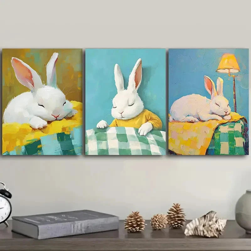 3pcs rabbit Wall Art Set Canvas Framed 40x60cm - High Quality Print 100% Australian Made Wall Canvas Ready to Hang - Bella Home Decor