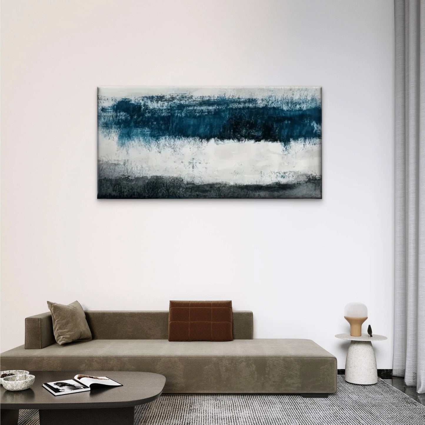 Blue White Abstract Wall Art Canvas Office Home Room Framed 120x60cm