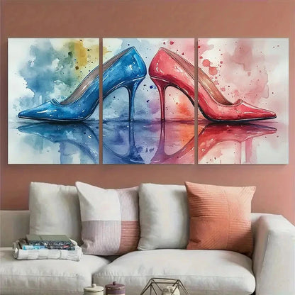 3pcs Vibrant Watercolour Shoe Collection Design Wall Art Set Canvas Framed 40x60cm - High Quality Print 100% Australian Made Wall Canvas Ready to Hang