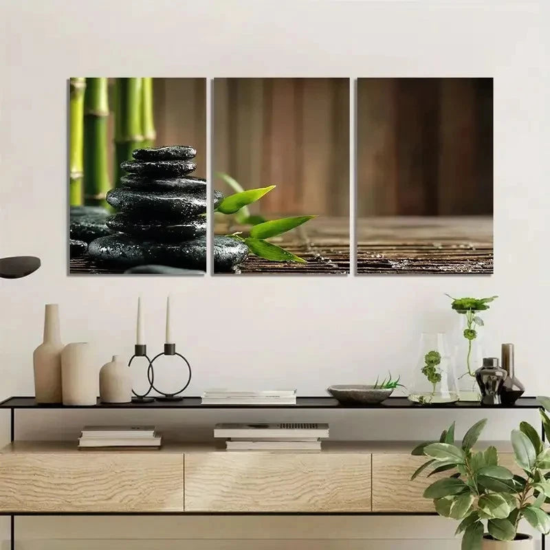 3pcs Black Zen Stones with Bamboo Painting Metal Print Ready to Hang Art - Bella Home Decor