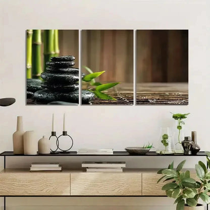 3pcs Black Zen Stones with Bamboo Painting Metal Print Ready to Hang Art - Bella Home Decor