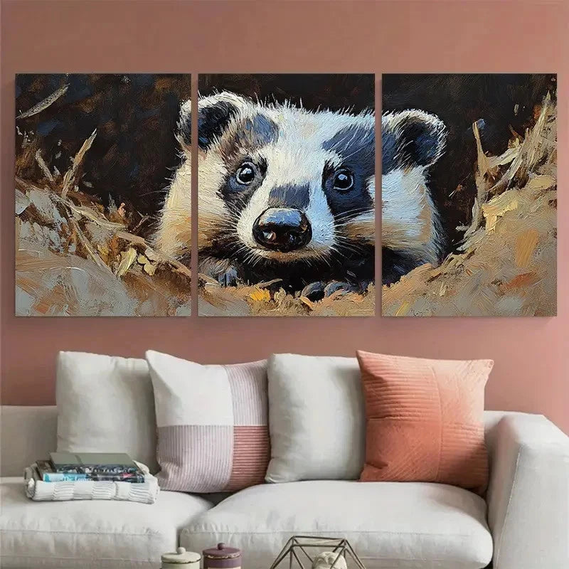 3pcs Badger Animal Portrait Illustration Wall Art Set Canvas Framed 40x60cm - High Quality Print 100% Australian Made Wall Canvas Ready to Hang - Bella Home Decor