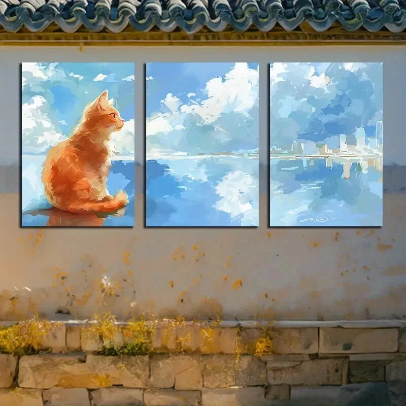 3pcs Serene Seascape with Playful Cat Metal Print Ready to Hang Art - Bella Home Decor