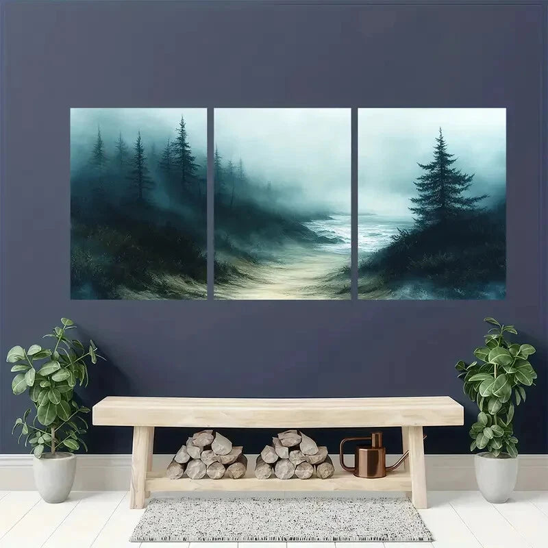 3pcs Misty Foggy Beach Abstract Seascape Metal Print Ready to Hang Art - Bella Home Decor