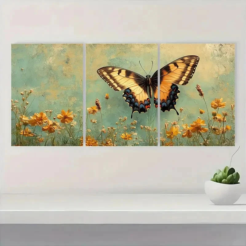 3pcs Butterfly Meadow Print Set Nature IL  Wall  Art Set Canvas Framed 60x90cm - High Quality Print 100% Australian Made Wall Canvas Ready to Hang - Bella Home Decor