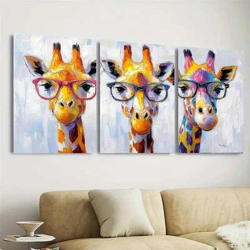 3pcs Colorful Giraffe With Glasses Wall Art Set Canvas Framed 40x60cm - High Quality Print 100% Australian Made Wall Canvas Ready to Hang - Bella Home Decor
