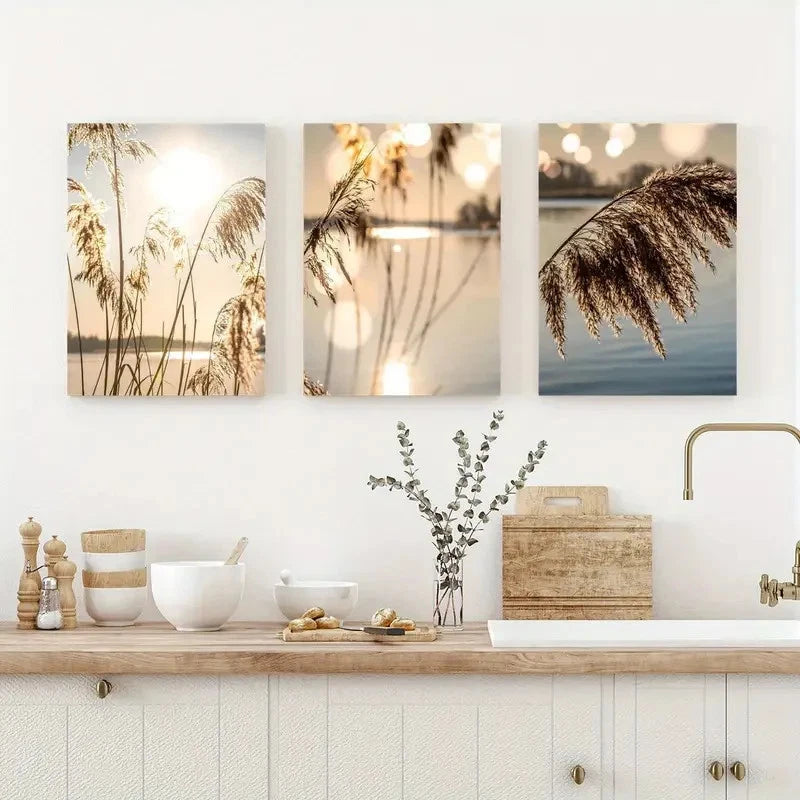 3pcs Boho Forest Morning Grass Lake Posters Metal Print Ready to Hang Art - Bella Home Decor