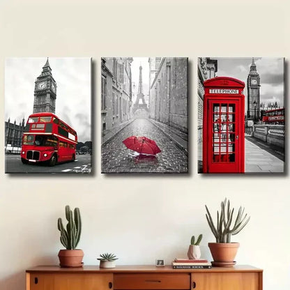 3pcs Featuring London and Paris Street Scenes Wall Art Set Wall Art Canvas Unframed - High Quality Print 100% Australian Made Wall Canvas