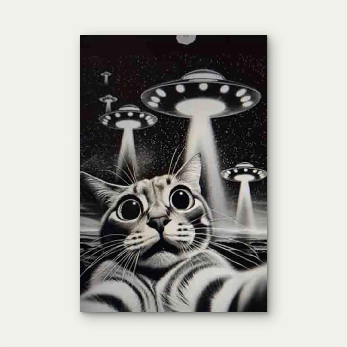 Whimsical Cat & UFO Metal Print Ready to Hang