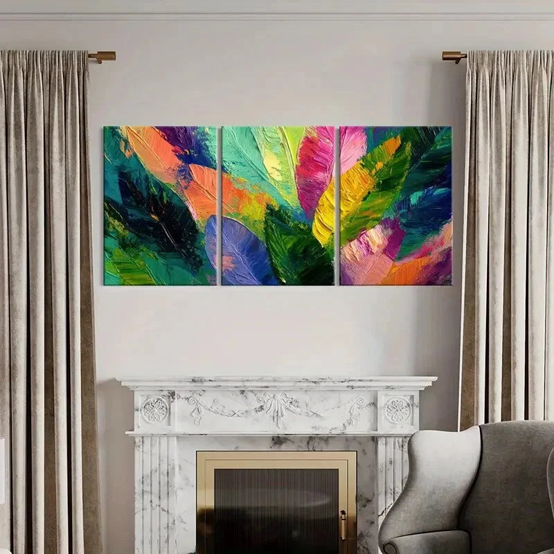 3pcs Abstract Feather Art Vibrant Colors Painting Metal Print Ready to Hang Art - Bella Home Decor