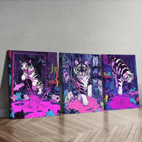 3pcs Featuring a Black And White Tiger Adorned Wall Art Set Canvas Unframed - High Quality Print 100% Australian Made Wall Canvas
