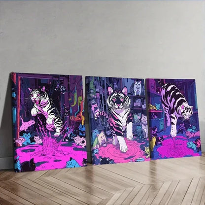 3pcs Featuring a Black And White Tiger Adorned Wall Art Set Canvas Unframed - High Quality Print 100% Australian Made Wall Canvas