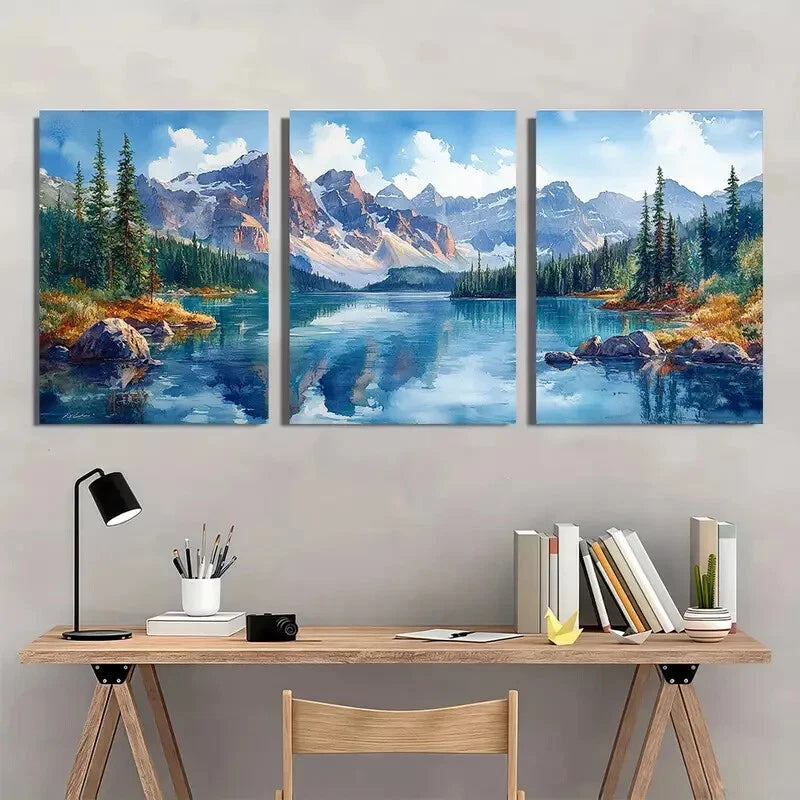 3pcs Moraine Lake Scenery with Pine Trees Metal Print Ready to Hang Art - Bella Home Decor