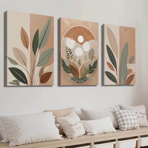 3pcs Bohemian Style Leaf & Nature Elements Wall Art Set Canvas Unframed - High Quality Print 100% Australian Made Wall Canvas - Bella Home Decor