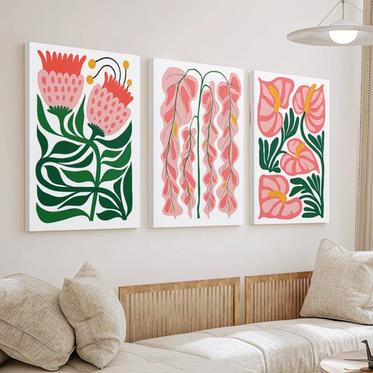 3pcs Spring Pink Flowers Botanical Wall Art Set Canvas Framed 60x90cm - High Quality Print 100% Australian Made Wall Canvas Ready to Hang