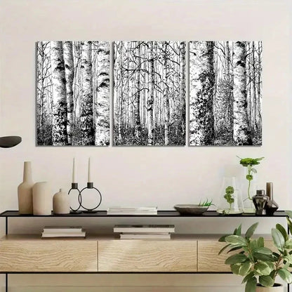 3pcs Black and White Scene of Birch Forest Metal Print Ready to Hang Art - Bella Home Decor