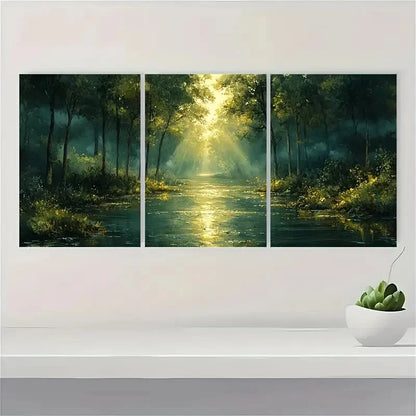 3pcs Tranquil Green Forest and Stream Acrylic Metal Print Ready to Hang Art - Bella Home Decor
