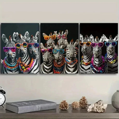 3pcs Group of Zebras with Colorful Glasses Wall Art Set Canvas Unframed - High Quality Print 100% Australian Made Wall Canvas